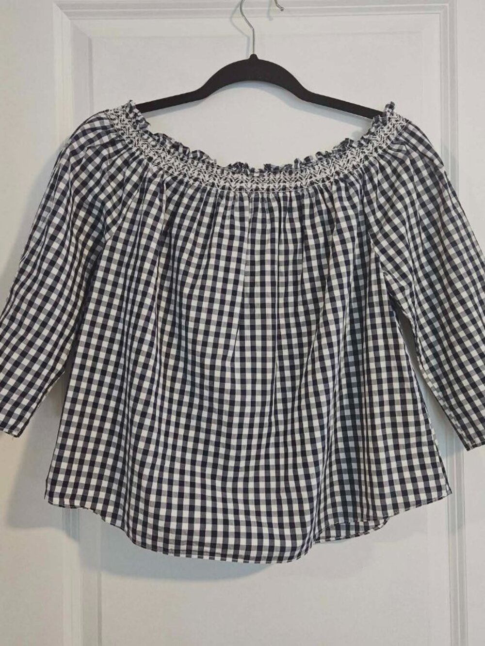 Madewell Navy White Gingham Off Shoulder Smocked Top XS